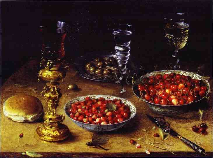 Oil painting:Still Life with Cherries and Strawberries in Porcelain Bowls. 1608