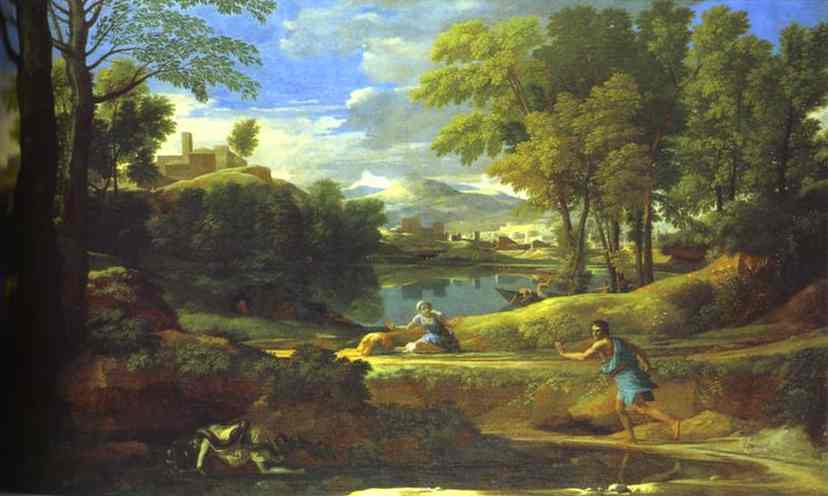 Oil painting:Landscape with a Man Running from Serpent. 1648