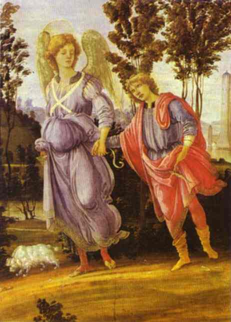 Oil painting:Tobias and the Angel. c.1480