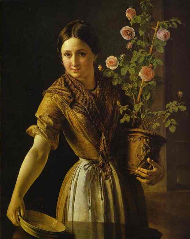 Oil painting:Girl with a Pot of Roses. 1850