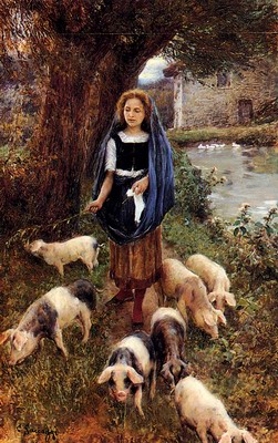 Woman Herding Pigs