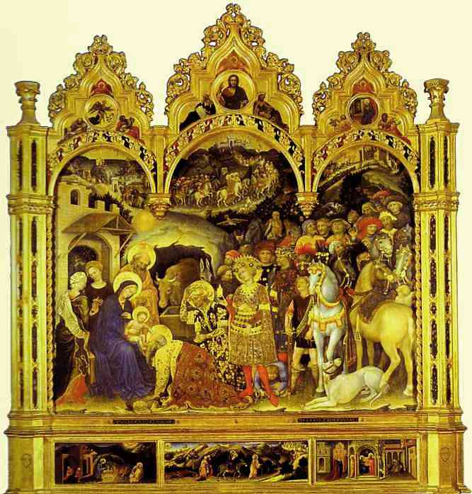 Oil painting:Adoration of the Magi. From the Strozzi Chapel in Santa Trinita, Florence. 1423
