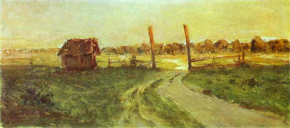 Oil painting:Landscape with an Izba. Sketch. 1899