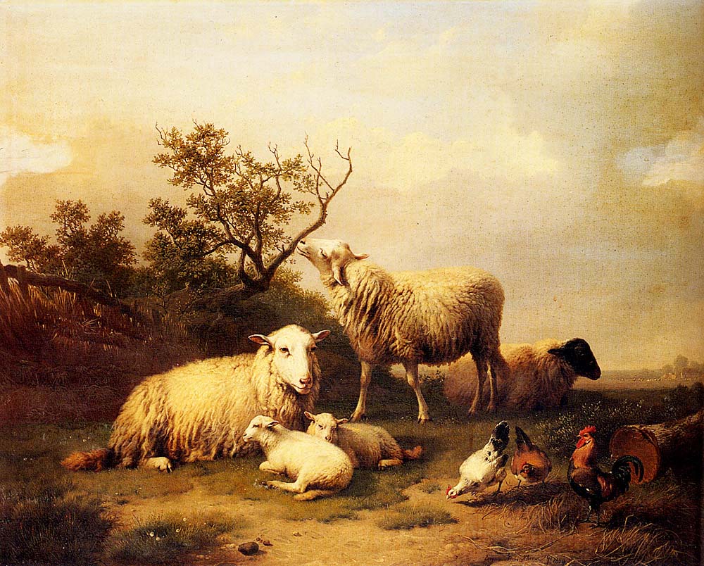Sheep with Resting Lambs and Poultry in a Landscape