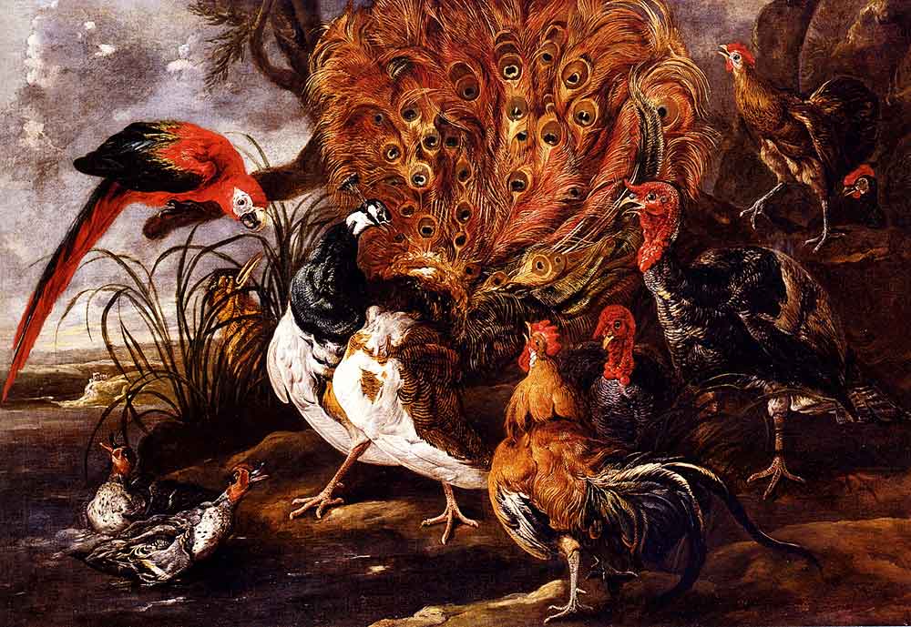 A Peacock in a Landscape with Roosters