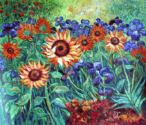 Golden Sunflowers and Irises