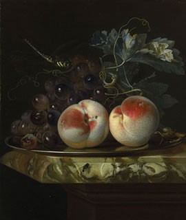 A Still Life with Two Peaches and Bunch of Grapes on a Silver Plate set on a Marble Slab