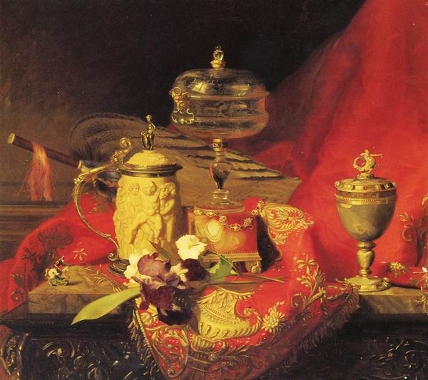 A Still Life With Iris And Urns On A Red Tapestry
