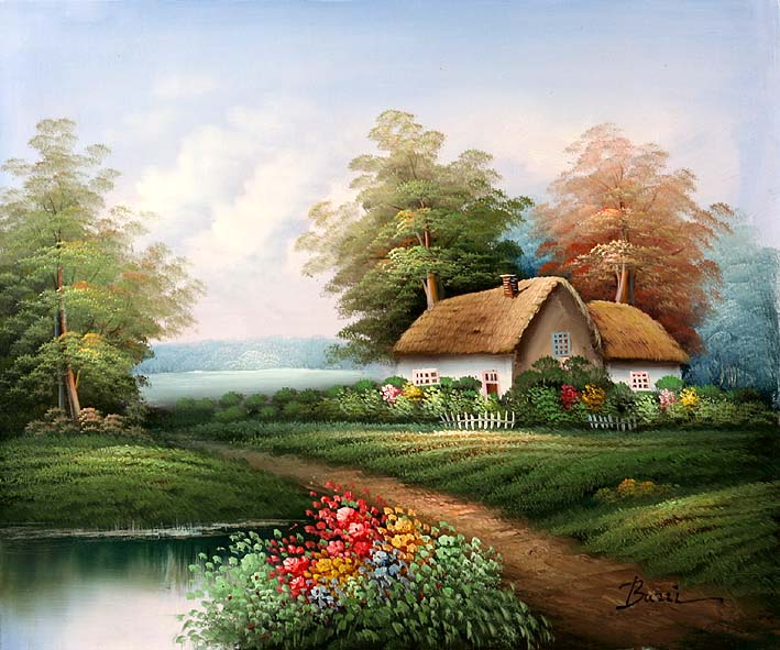 English Country Cottage Oil Paintings, English Country Landscape Paintings