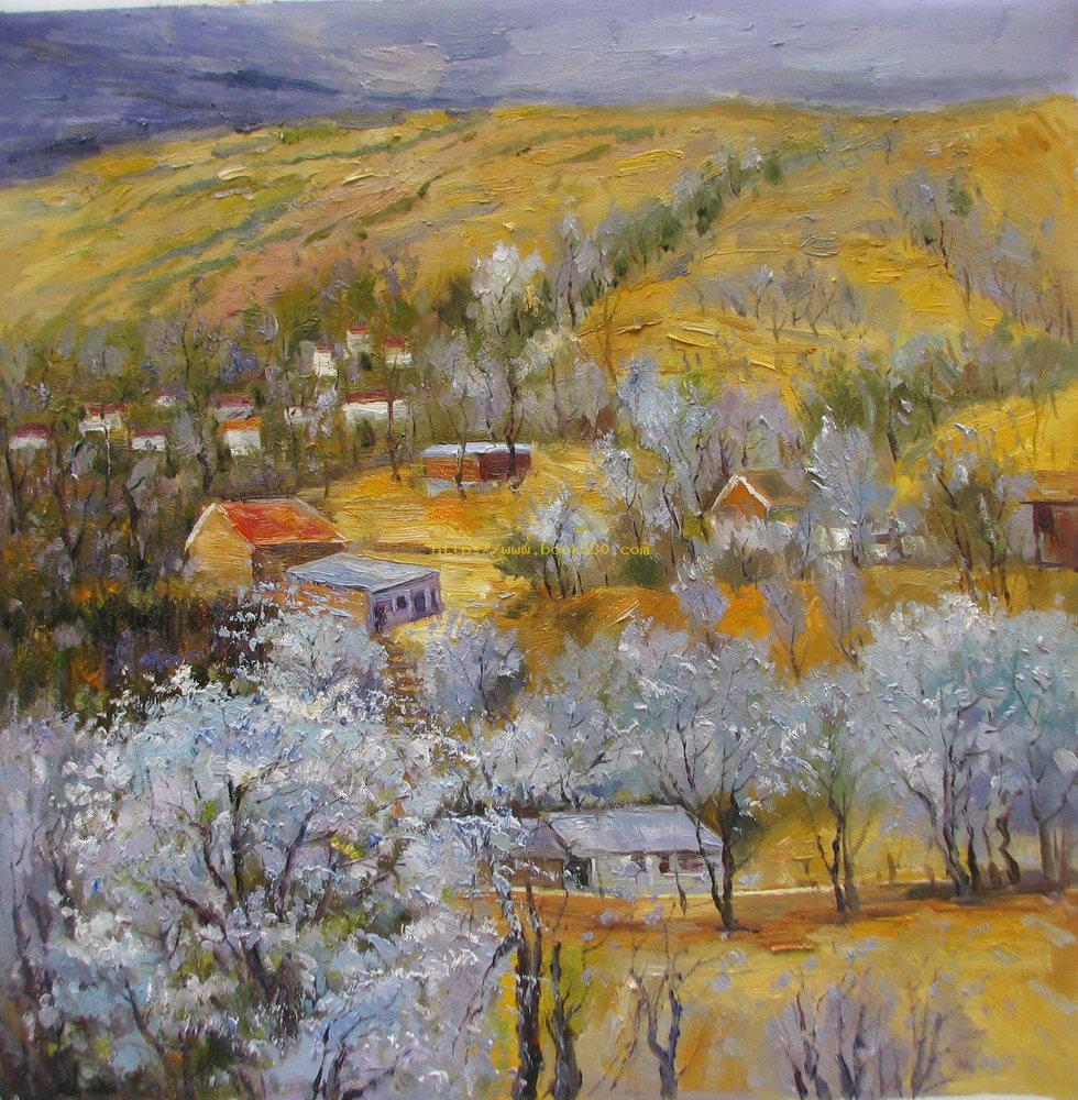 Impression landscape oil painting,Village and golden mountain