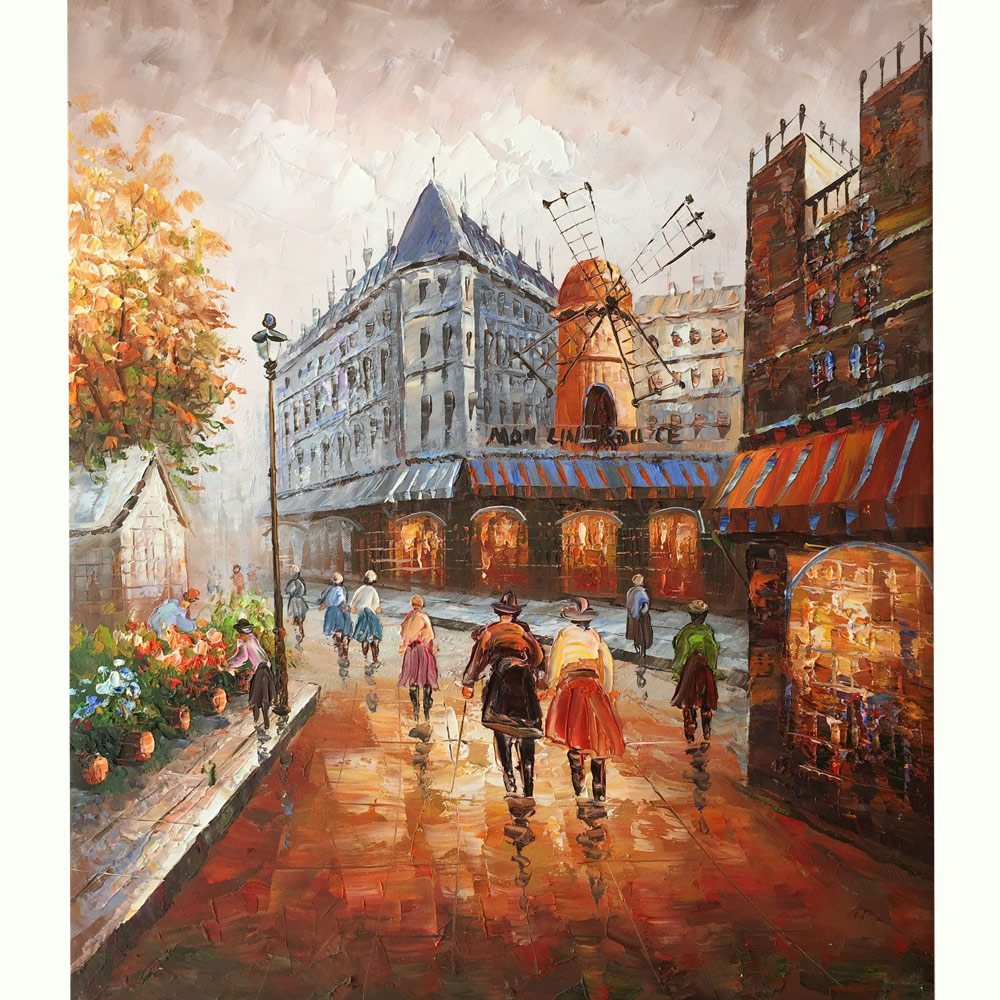 100% Hand-painted canvas oil paintings Paris Street View Romantic Windmill Wall Art for Bedroom