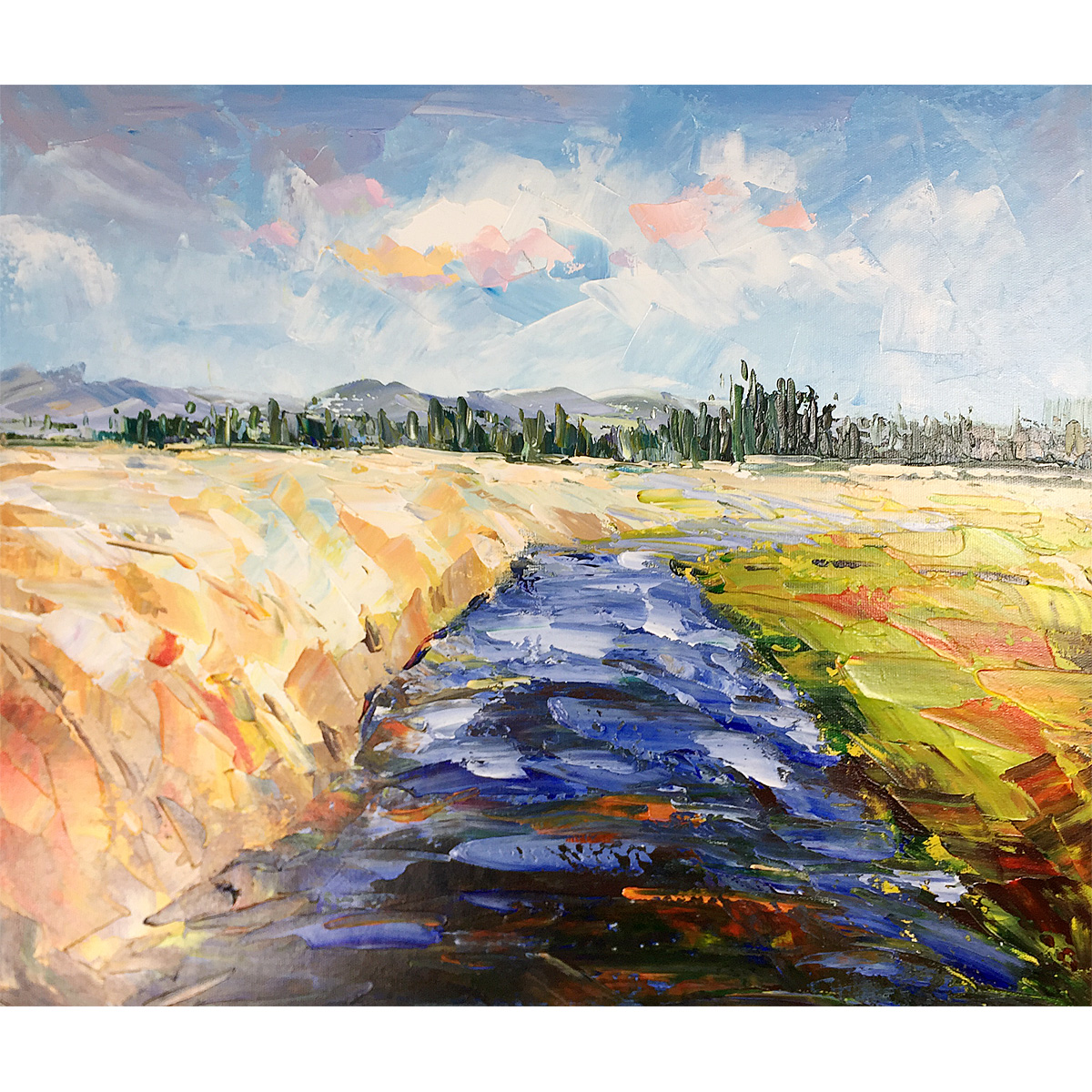 Original Oil Painting Hand-Painted Canvas Blue River Abstract Landscape Contemporary Wall Art Work