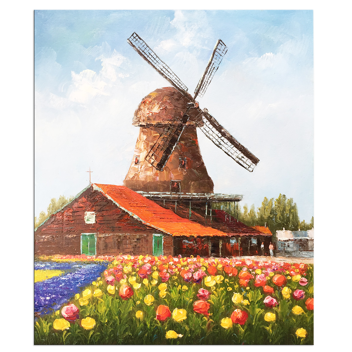 Hand Painted Oil Paintings Canvas Wall Art Modern Stretched and Framed Windmill Abstract Flowers