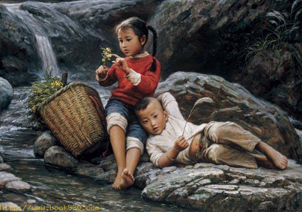 Sister and brother oil painting