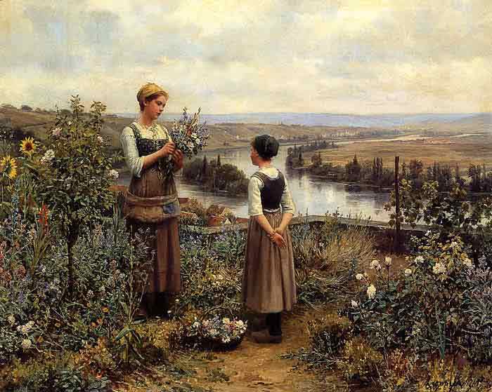 The lady Picking Flowers with a girl