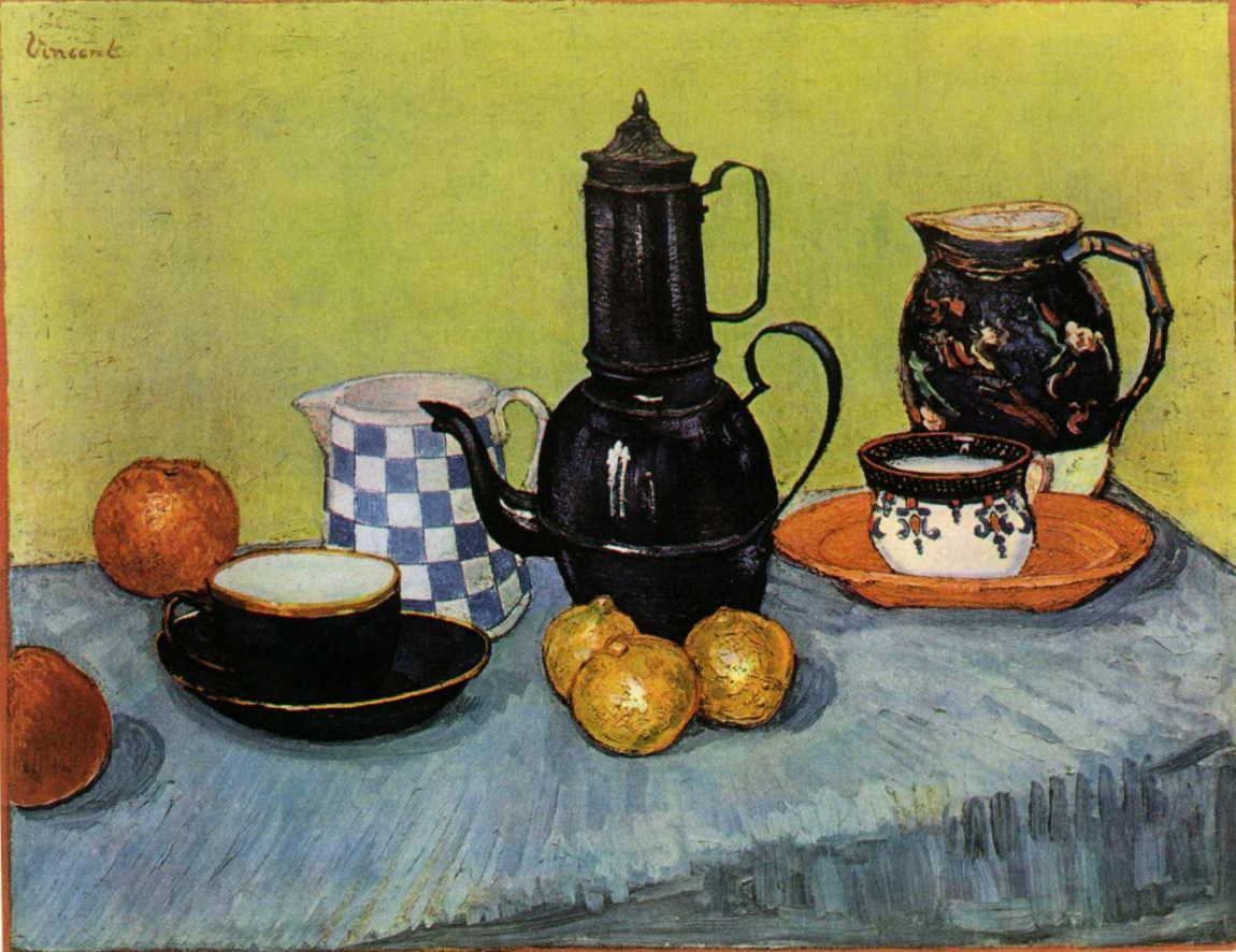 Still Life - Blue Enamel Coffeepot, Earthenware and Fruit