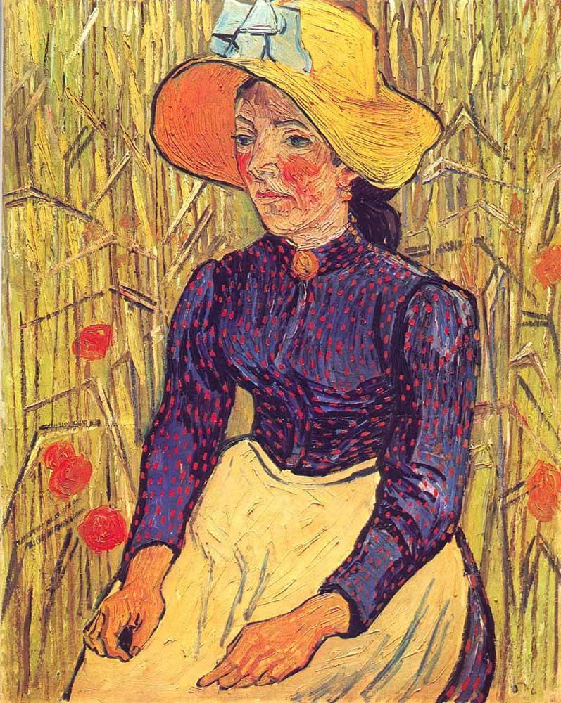 Young Peasant Woman with Straw Hat Sitting in the Wheat