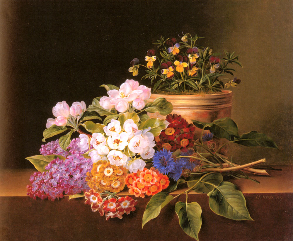 Apple Blossoms, Lilac, Violas, Cornflowers and Primroses on