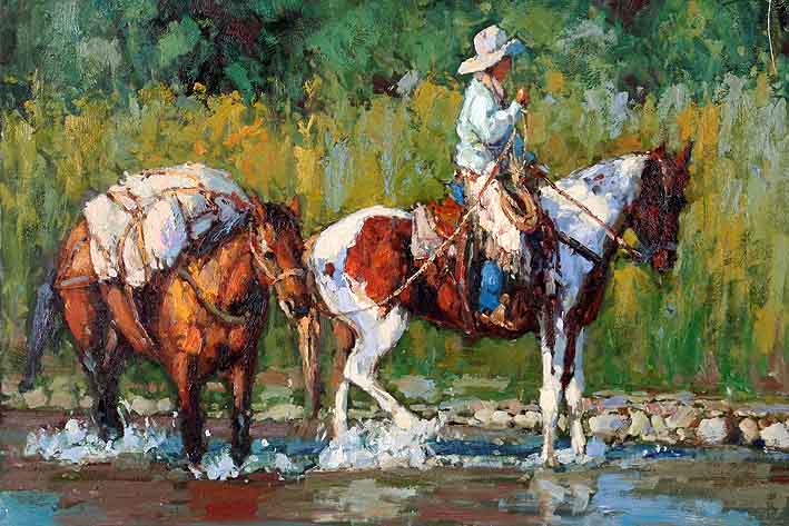 Cowboy Wading Horses Through the Creek,oil paintings on canvas