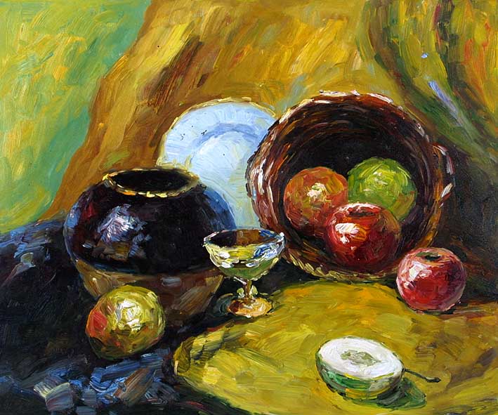 Still Life with a Pottery, a Glass Cup, and Fruit Pieces