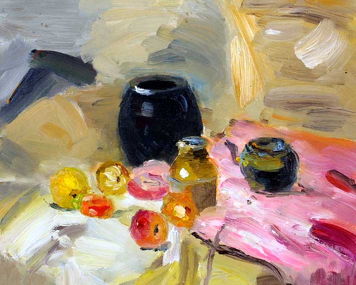 Still Life with Some Pots, a Bottle, and Fruit Pieces