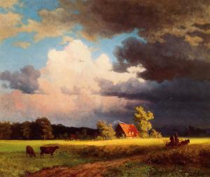 Bierstadt Oil Painting Reproductions - Bavarian Landscape aka red barn