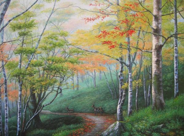 Woods,deer landscape oil painting