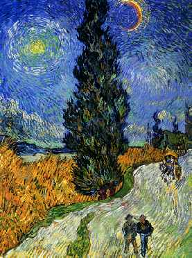 Road with Men Walking, Carriage, Cypress, Star and Crescent Moon 1890